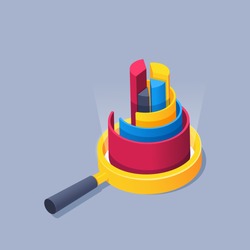 isometric vector illustration on gray background, magnifier and charts, analytics and business