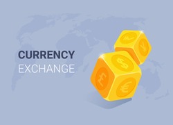 isometric vector illustration on gray background, lendin currency exchange, gold dice with foreign currency icons and world map