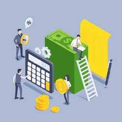 isometric vector illustration on gray background, people in business clothes next to stack of dollar bills and a calculator with documents, accounting and financial work