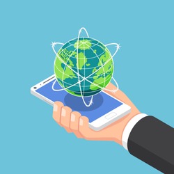 Flat 3d isometric businessman hand holding smartphone with world and global network. internet connection and global communication concept.