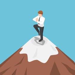 Flat 3d isometric businessman doing yoga on the top of mountain. Meditation and success concept.