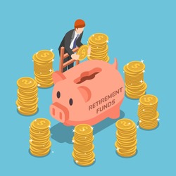 Flat 3d isometric businessman saving money in piggy bank. Retirement fund and financial concept.