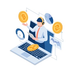 Flat 3d Isometric Online Investment Experts Explaining the Bitcoin and Other Cryptocurrency. Financial Investment Expert and Cryptocurrency Concept.