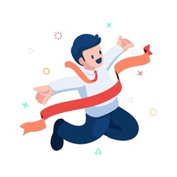 Flat 3d Isometric Businessman Jumping Cross The Finish Line. Business Success Concept.