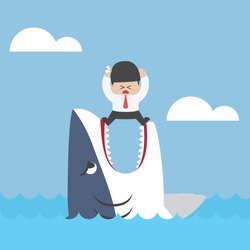 Businessman standing on Jaws of shark, VECTOR, EPS10