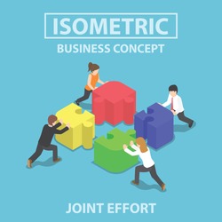 Isometric business people pushing and assembling four jigsaw puzzles, teamwork, collaboration, joint effort concept