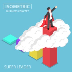 Flat 3d isometric super businessman standing on the top of the graph over the cloud, business superhero, effective leadership concept