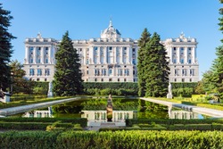 Royal Palace in Madrid, Spain viewed from the sabatini gardens.