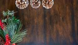 View of Pine Cone with Fake Snow and Pine Cones on Wood Table