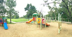 View panorama playground in public park colorful playground for children.