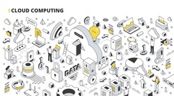 Cloud computing concept. Computer systems, data storage available to many users via the internet. Isometric line art illustration