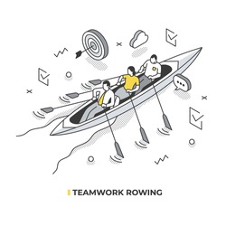 A team of business people, rowing in the boat, move towards their goal. Teamwork isometric concept