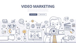 Doodle design style concept of video marketing strategy, product overview, creating explainer video to increase sales. Modern line style illustration for web banners, hero images, printed materials