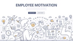 Doodle design style concept of employee motivation, success, achieving career goals. Modern line style illustration for web banners, hero images, printed materials