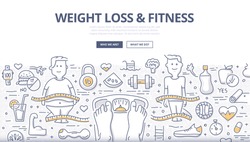 Doodle design style concept of healthy lifestyle, controlling body mass weight, dieting and fitness. Modern line style illustration for web banners, hero images, printed materials