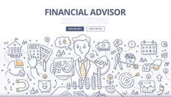 Doodle vector illustration of financial advisor giving advice on investment, saving money, managing money, planning ahead. Concept of financial consulting for web banner, hero images, printed material