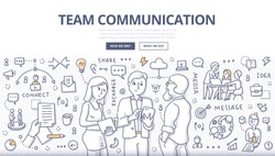 Doodle vector illustration of team members discussing business project. Concept of team communication, collaboration & teamwork for web banners, hero images, printed materials