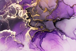 Closeup of purple and shiny golden alcohol ink abstract texture, trendy wallpaper. Art for design project as background for invitation or greeting cards, flyer, poster, presentation, wrapping paper