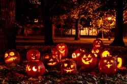 Group of candle lit Halloween pumpkins in park on fall evening