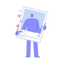 Flat modern character holds a social network photo frame. Publishing new content. social media promotion. Business Concept illustration with man taking part in business activities