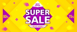 Yellow super sale and discounts banner. Vector illustration