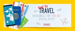 Business trip banner with passport, tickets, smartphone and credit card. Air travel concept with 70% off. Vector illustration