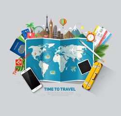 Top view on travel and tourism concept template, ready for summer banners design. Vector illustration 