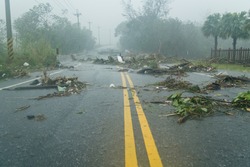 Debri blocking road during a typhoon