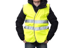 Demonstrators in yellow vests isolated on a white background, the protest of the population in France against the increase in the cost of fuel, excessive living expenses and high taxes