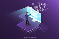 Isometric vector concept of e-mail marketing, advertising campaign, digital promotion.