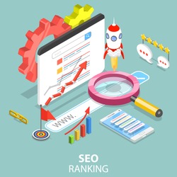 Flat isometric vector concept of Search engine ranking, web analytics, SEO, website optimization marketing.