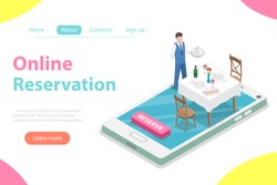 Flat isometric vector concept of table online reservation, mobile booking.