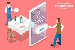 3D Isometric Flat Vector Concept of, Restaurant and Cafe Online Food Order App, Table Online Reservation, Mobile Booking.