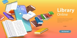 Mobile Library, Reading Books Online, Distance Education. 3D Isometric Flat Vector Conceptual Illustration.