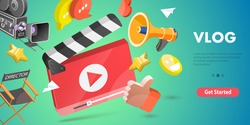 3D Isometric Flat Vector Conceptual Illustration of Vlog, Video Content Creating, Online Promotion.