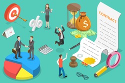 3D Isometric Flat Vector Conceptual Illustration of Checking and Signing Contract, Deal Agreement.