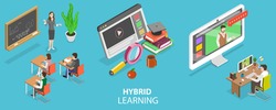 3D Isometric Flat Vector Conceptual Illustration of Hybrid or Blended Learning, Combining Online Education with Traditional Place-based Classroom Methods