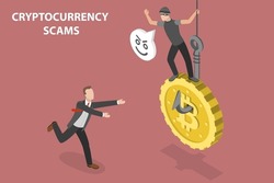 3D Isometric Flat Vector Conceptual Illustration of Cryptocurrency Scams, Digital Currency Theft