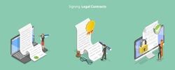 3D Isometric Flat Vector Conceptual Illustration of Signing Legal Contract, Electronic Signature