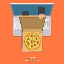 Online pizza order vector illustration. Hands of delivery man with pizza in open box appeared from laptop.