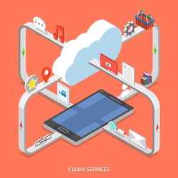 Cloud services flat isometric vector concept. Web content moving process between cloud services and mobile device.