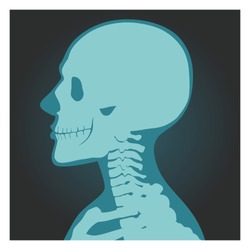 X-ray shot of skull, human body, head and neck bones side view, radiography, vector illustration