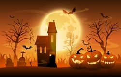 Dark graveyard with creepy pumpkins and haunted house on Halloween night sunset background, cartoon vector ilustration