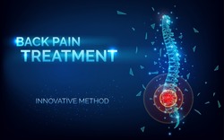 Back pain spine treatment, innovative method - abstract 3d image of the spine banner for clinic, orthopedist, surgery and traumatology, rehabilitation after back injury, vector illustration.