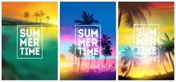 Summer tropical backgrounds set with palms, sky and sunset. Summer placard poster flyer invitation card. Summertime.