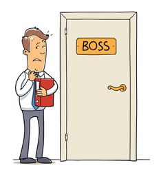 employee near a boss door, stressed office worker with document folder. Cartoon illustration isolated on white background