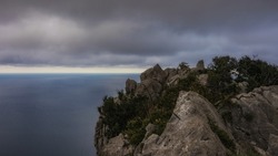 Hiking Path on a dramatic cloudy evening at Monte Pellegrino Mountain near Palermo on Sicily in Italy Europe in late summer, early autumn