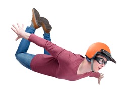 Crazy man in red helmet is flying isolated on white background. File contains a path to isolation.