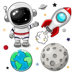 Cute Cartoon space set of astronaut, rocket and planets