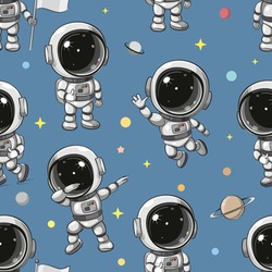 Seamless pattern Cute Cartoon astronaut on a blue background